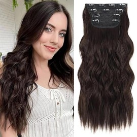 Clip in Long Wavy Synthetic Hair Extension 24 Inch 4PCS 220g Thick Hairpieces Fiber Double Weft Hair for Women (Chocolate Brown 24")