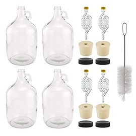 North Mountain Supply 1 Gallon Glass Fermenting Jug with Handle – Set of 4 – Includes 6.5 Rubber Stoppers, 6-Bubble Airlocks, Black Plastic Lids, and Cleaning Brush – 38mm CT Finish
