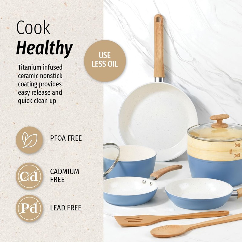 GoodCook 10-Piece Healthy Ceramic Titanium-Infused Cookware Set, Light Blue –