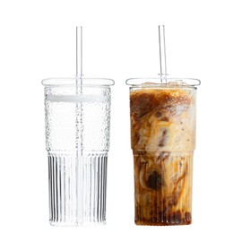 BARONNI Glass Cups with Lids & Glass Straws, 20 Ounce High Borosilicate Iced Coffee Tumbler 2 Pack
