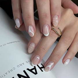 24Pcs White French Tip Press on Nails Short Oval Nails Nude Fake Nails with 3D Stripe Designs Stick on Nails White False Nails French Acrylic Nails Glossy Glue on Nails for Women Reusable Nail Kit
