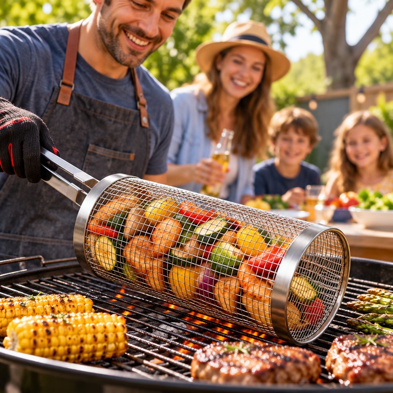 Stainless Steel Rolling Grill Basket for BBQ Cooking – Large