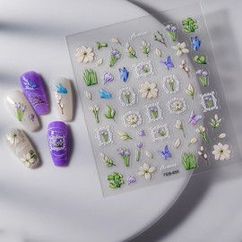 5D Embossed Nail Stickers for Art,Flower Nail Stickers, Self-Adhesive Floral Leaf Plant Nail Decals,Spring for Art,3D Acrylic Flowers for Nails French Engraved Slider Manicure Decoration