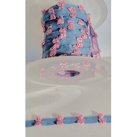 French Ribbon Floral Trim Denim Blue Pink Checks  Width 1/4 Inch By The Yard