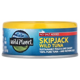 Wild Planet Wild Planet Skipjack Wild Tuna, No Salt Added, Tinned Fish, Canned Tuna, Sustainably Caught, Non-GMO, Kosher, Gluten Free, Keto and Paleo, 3rd Party Mercury Tested, 5 Ounce Single Unit/Can