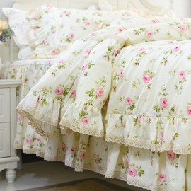 FADFAY Rosette Floral Print Duvet Cover Set Princess Lace Ruffle Bedding Set for Girls 3 Pieces Twin Size