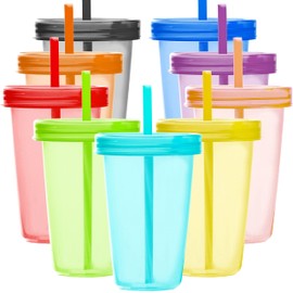 Youngever 9 Sets 16 Ounce Plastic Cups with Lids and Straws, Reusable Plastic Cups with Straws (Rainbow Colors)