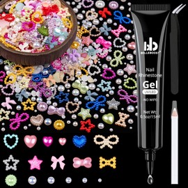 600Pcs 3D Multi Shapes Nail Charms and Flatback Pearls, Colorful&White Mix Styles Heart Star Bow Sunflower Embellishments for Nail Art, Craft and Decoration with Glue Gel, Tweezer and Pickup Pencil