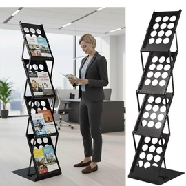 Japard Folding Magazine Stand Rack Literature Catalog Brochure Holder Display Stand 4 Pockets Foldable Portable for Office Tradeshow Exhibition Black