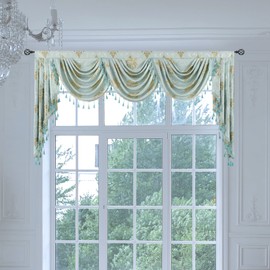 JADE POKE Jacquard Swag Waterfall Valance for Window - Tassels Valances for Living Room Aqua Valance with Beads for Bedroom Rod Pocket Damask Valance for Children's Room (1 Panel, Aqua, W89 Inch)