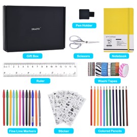 Emazne Yellow 120g Paper Bullet Dotted Journal Kit 44pcs Set Hardcover A5 Notebook, Fine line Marker,Colored Pencils,Washi Tapes, Sticker 6 Sheets,Scissor, Ruler, Pen Holder,Inner Pocket