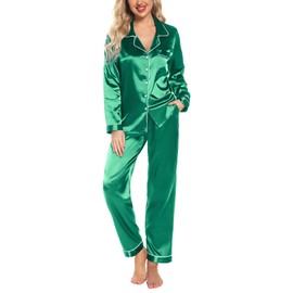 Senert Silk Satin Womens Pajama Sets Button Down Sleepwear Loungewear Christmas Pajamas For Women Green,Small