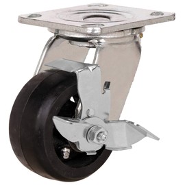 4x2 Swivel Caster with Rubber on Cast Iron Core and Brake with 4x4-1/2 Mounting Plate
