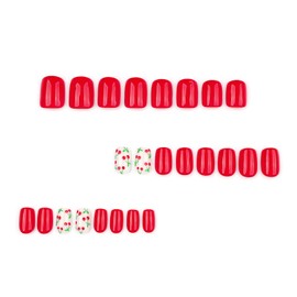 Short Square Fake Nails Cute Fake Nails Full Cover Red Stick on Nails with Cherry designs Acrylic Nails Glossy Reusable Glue on Nails Summer False Nails for Women Art Nail Supplies24pcs