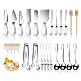 Marble Ceramics Charcuterie Accessories, Cheese Spreader Knive Set for Ceramics Silver Handle Butter knives, Mini Cheese Knife Kit Slicer With Tongs, Spoons, Forks,Honey Dipper (23 Pack)