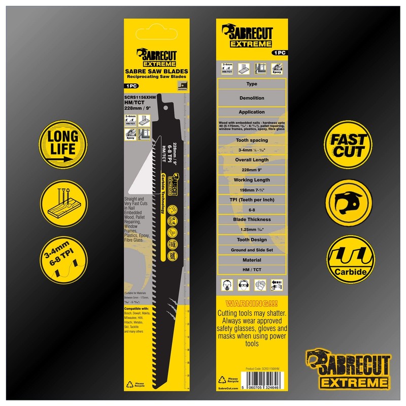 1 x SabreCut SCRS1156XHM Tungsten Carbide 228mm Variable 6-8 TPI