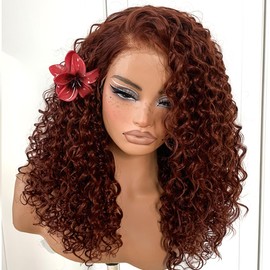 MITIMES Reddish Brown HD Lace Curly Wig Wear And Go Glueless Wig Pre-Plucked Synthetic Lace Frontal Wig 13x6 Kinky Afro Curly With Layer 18 Inch