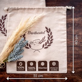 Zabiko24 - Bread Bag Set of 2 - Made from 100% Natural Linen - For Bread Storage (35 x 40 cm) - Bread Bag Protection Against Mould and Bacteria Including Free Bread Recipes