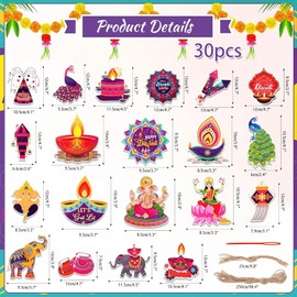 30PCS Wooden Diwali Hanging Decorations Handcrafted Pendant Diyas and Lanterns for Indian Festival of Lights, Home Puja, Wedding and Rangoli Decor