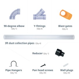 POWERTEC 70304 2-1/2” Dust Collection Fittings Network w/Reducer, Blast Gates, Pipes, 90-Degree Elbow Connector, Y-fittings, Mounting Brackets