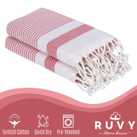 Ruvy Home Basics Turkish Hand Towels for Bathroom Set of 2 | 18"x40", Cotton | Decorative Towel for Bathroom, Kitchen, Dishcloth, Tea, Yoga, Face, Gym - Coral