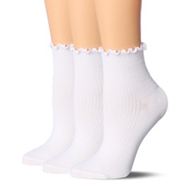 Tipi Toe Womens 3 Pairs White Ruffle Socks Turn-Cuff Solid Lettuce Edge Lightweight Soft Breathable Quarter Crew Lace Socks Women, 1128-W