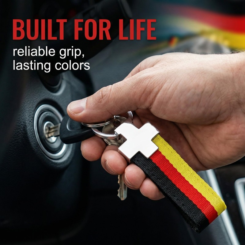 GWEOR Germany Flag Keyring Metal, Black/Red/Gold Nylon Strap, Rustproof &