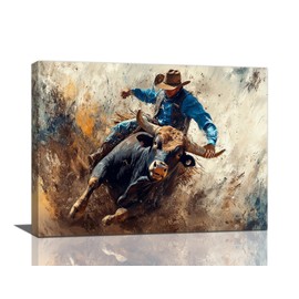 Western Cowboy Wall Art Vintage Bull Cow Wall Decor Vintage Cowboy Canvas Painting Rustic Animal Picture Modern Artwork Home Decoration for Living Room Bedroom Office Framed 16"x12"