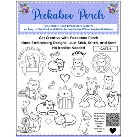 Cat Embroidery Patterns Kit - 24 Pc Fun Modern Peekaboo Porch Embroidery Design Transfers on Sulky Stick n Stitch Self Adhesive Wash Away Stabilizer for Beginners and Adults Hand Embroidery Sewing
