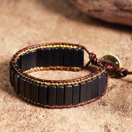 Natural Black Tourmaline Hand Braided Leather Healing Bracelet for Women Men