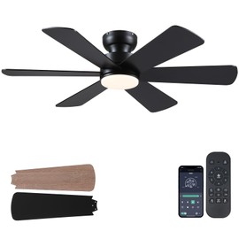46 inch Ceiling Fans with Lights, Black Ceiling Fan with Remote APP, Dual-Sided Modern/Rustic 6 Blades, Reversible, 3CCT, Flush Mount Low Profile Ceiling Fan with Lights Bedroom Kitchen Indoor