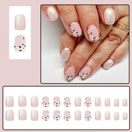 Silver Glitter Press on Nails Short Square Fake Nails with White Small Flower Design Glossy Light Pink Artificial False Nails Spring Floral Stick on Nails for Women Girls DIY Manicure Decoration 24Pcs