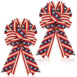 Moucuny 2 Pcs Large Veterans Day Bows Red White Blue Bows American Flag Bow Patriotic Wreath Burlap Bow Memorial Day Tree Topper for Indoor Outdoor Independence Day Party Decoration