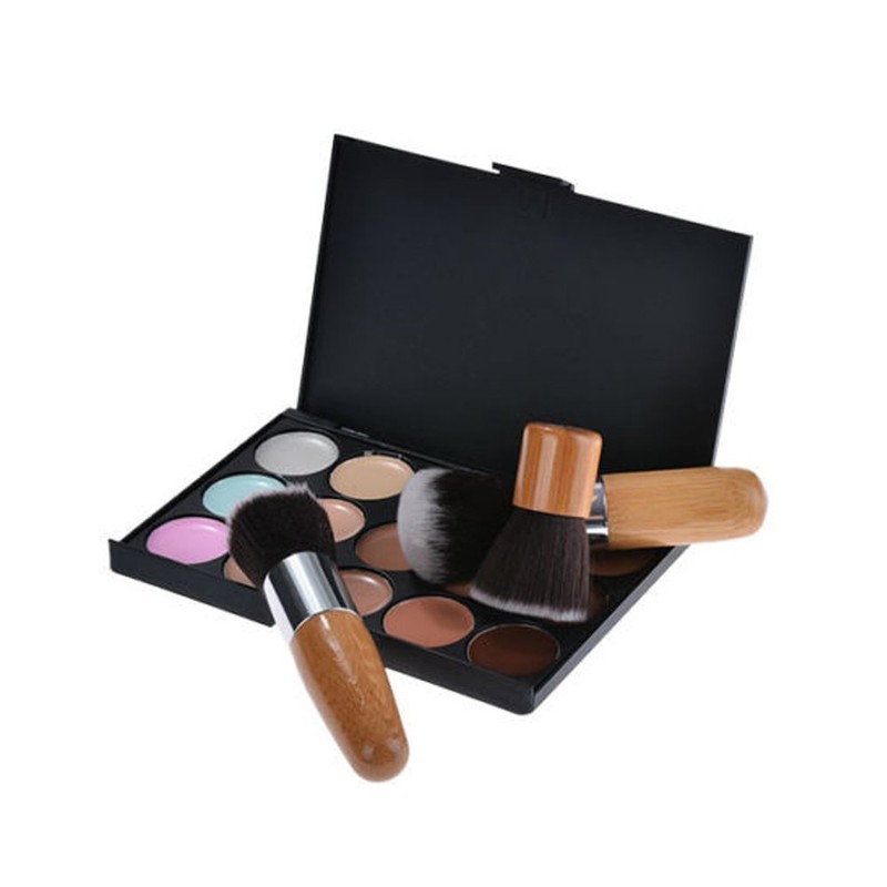 Makeup Brush Set Cream Concealer Palette Wooden Bamboo Handle Carrying
