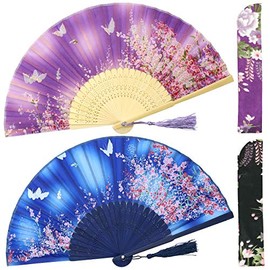 OMyTea Folding Hand Fans for Women - Chinese Japanese Vintage Bamboo Silk Fans - for Hot Flash, EDM, Music Festival, Party, Dance, Performance, Decoration, Gift (Blue & Purple Sakura)