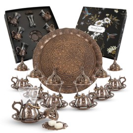 Turkish Moroccan Indian Tea Set for Six - Glasses with Brass Holders Lids Saucers Tray, Tea Cups, Tea Servers-(TS-201)