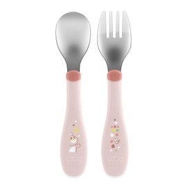 Chicco Stainless Steel Cutlery Set, Baby Set, Fork and Spoon for Children, Easy Grip, 2 Pieces, 18M+, Pink