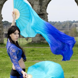 Belly Dance Fans 1.8m (L+R) Artificial Silk Hand Fans with Bamboo Frame, Foldable Fans for Dance Beginner & Dance Accessories (Turquoise Blue)