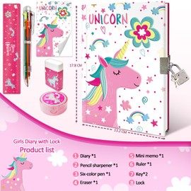 Set of Secret Diary for Girls, 6Pcs Gifts Stationery Set for Girls incl. Unicorn Diary with Lock 6 Multicolor Pen Memo Ruler Eraser Sharpener Kids Notebook for Girls Birthday Presents Age 5-10 Year