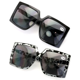 V.W.E. 2 Pairs Square Oversize Women BIFOCAL Outdoor Reading Sunglasses Glasses (1 Black 1 Grey, 3.00)