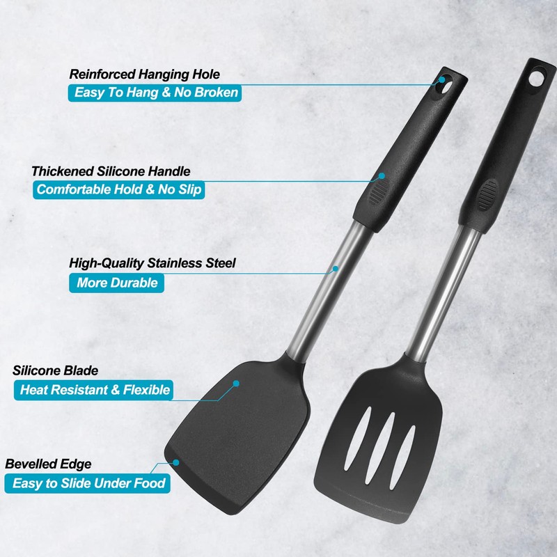 2 Pack Spatulas, Solid & Slotted Silicone Spatula Set, Stainless