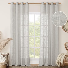 LAMIT Light Grey Linen Curtains 95 inch for Living Room, Semi Sheer Light Filtering Boho Window Textured Burlap Drapes with Bronze Grommet for Bedroom Farmhouse, 2 Panels Set 52 x 95 Inch