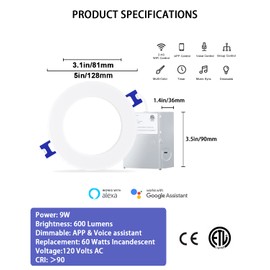 DOGAIN Smart LED Recessed Lighting 4 inch WiFi LED Can Lights Compatible with Alexa/Google Home/Siri Shortcut Ultra Slim Downlight with Juction Box 9W 600 lm ETL Listed Conforms to UL 1 Pack