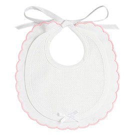 FILET - Elegant White Cotton Pique Bib, Pink Smarmelled Edge, Embroidered Aida Canvas Insert, Flap Closure, Made in Italy, Pink