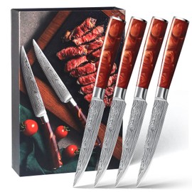 YFWOOD Steak Knives Set of 4, 4.8 Inch Non Serrated Steak Knife, High-Carbon Stainless Steel Steak Knives, Dishwasher Safe Steak Knife for Precise Cutting, Razor-Sharp Dinner Knife Set with Gift Box