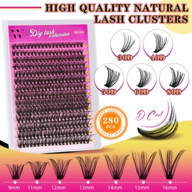 Lash Clusters 280PCS Individual Lashes D Curl Eyelash Clusters Mixed Length Cluster Eyelash Extensions Clusters Lashes with Thin Band Soft False Eyelashes DIY at Home(40D,D-Mix9-16mm)