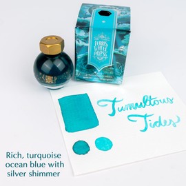 Ferris Wheel Press Ink Once Upon A Time 20ml Fountain Pen Ink & Carousel Fountain Pen Fine Nib Tumultuous Tides with National Art Supply 5x7 Microfiber Cloth - Ocean Teal with Silver Shimmer