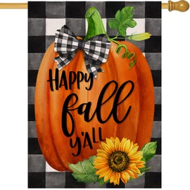 Selmad Happy Fall Y'all Pumpkin Decorative Burlap House Flag, Autumn Farmhouse Home Yard Large Outdoor Decor, Black Buffalo Plaid Check Sunflower Outside Decoration Double Sided 28 x 40