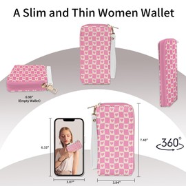 Womens Wallet, Credit Card Holder Wallets for Women Wristlet RFID Blocking, Ladies Purse with Zip Around Phone Holder, Travel Large Capacity Women's Clutch Hand Strap Pink Print Plaids Fashion