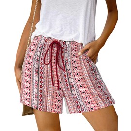 BTFBM Womens Casual Boho Shorts Summer Clothes 2025 Elastic Waist Printed Loose Lounge Beach Short Pants with Pockets(Print Red Brown, Large)